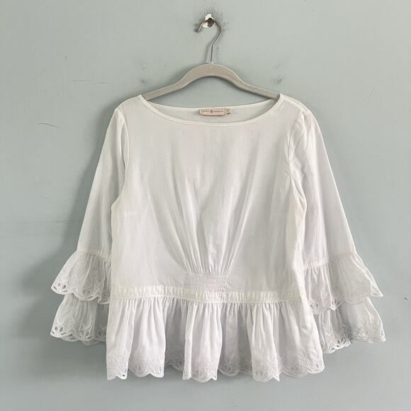 Tory Burch Scallop Hem Eyelet Ruffle White Cotton Blouse - Picture 2 of 6